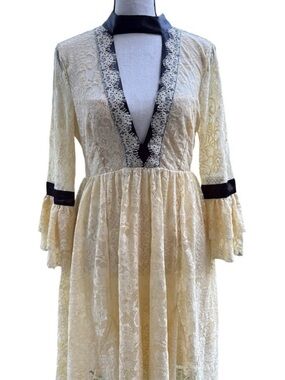 Free People Cream Lace Mini Dress with Black Trim